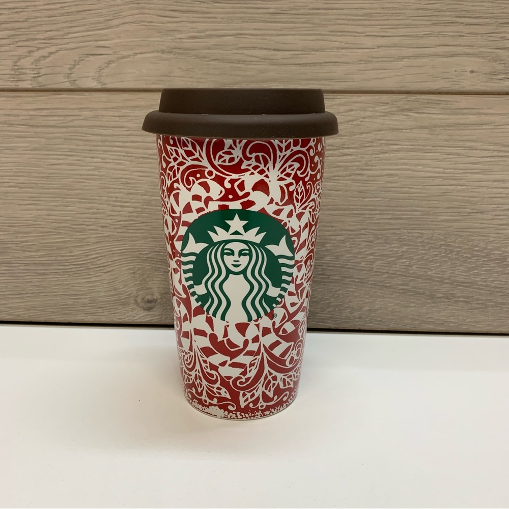 Starbucks Coffee Travel Mug Green Siren Logo Red & White peppermint Candy Canes